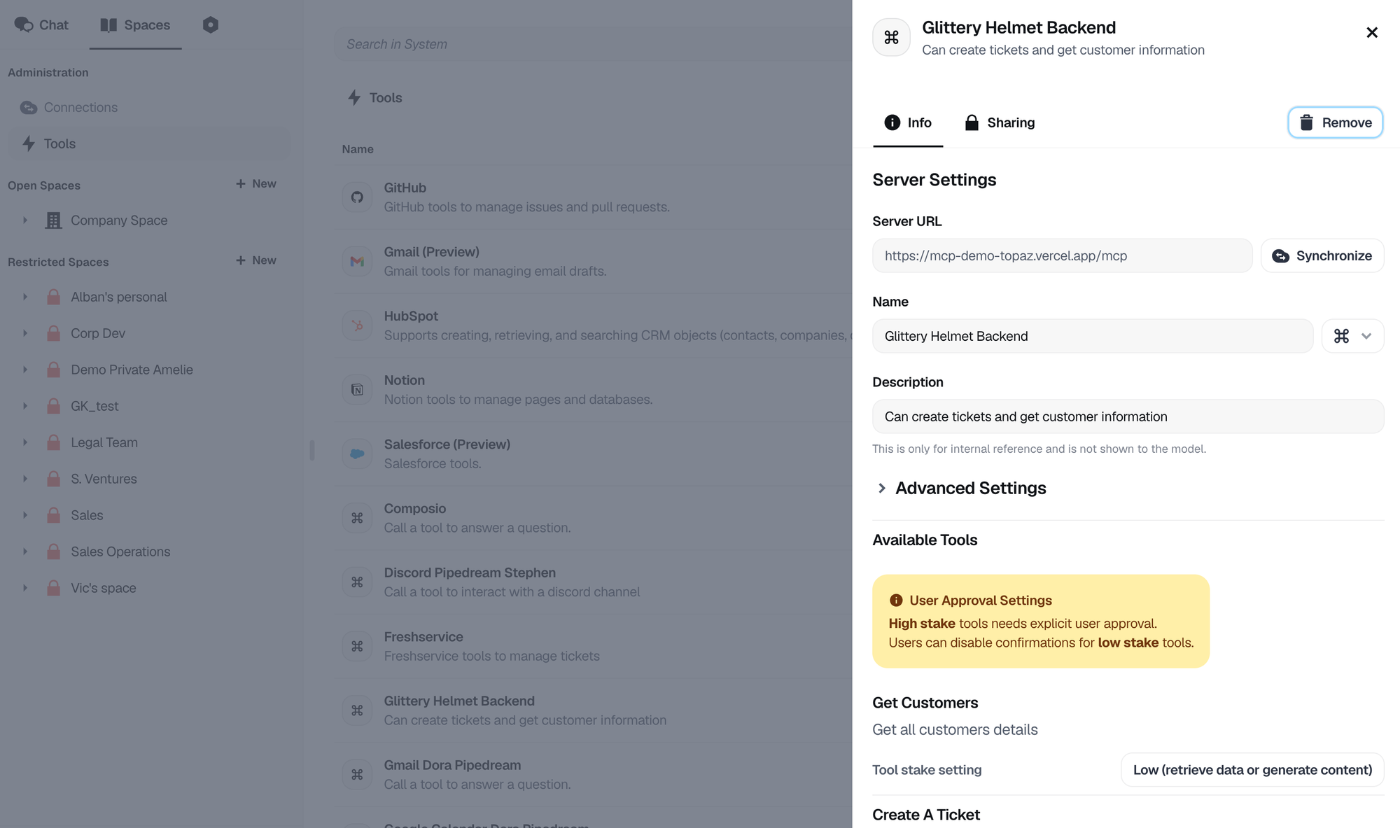 Dust MCP server settings for a fictional internal customer system