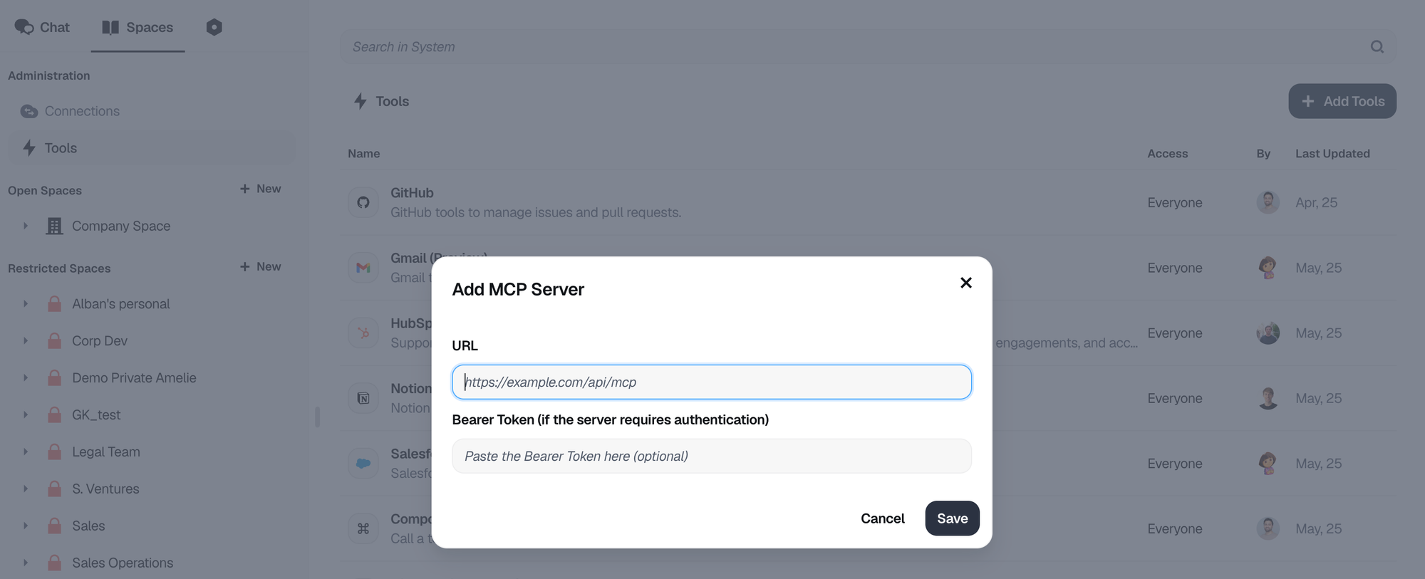 Dust dialog for adding a custom MCP server