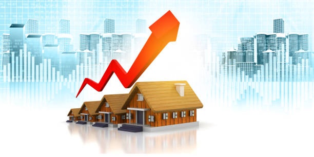 Illustration of houses beneath an upward arrow and a city skyline