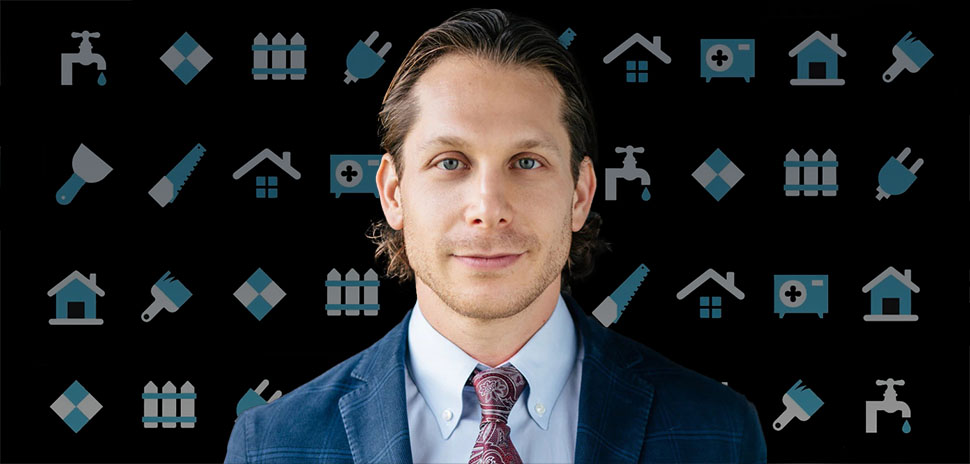 Dustin Marx in a Stellar-era press composite with illustrated home maintenance tools