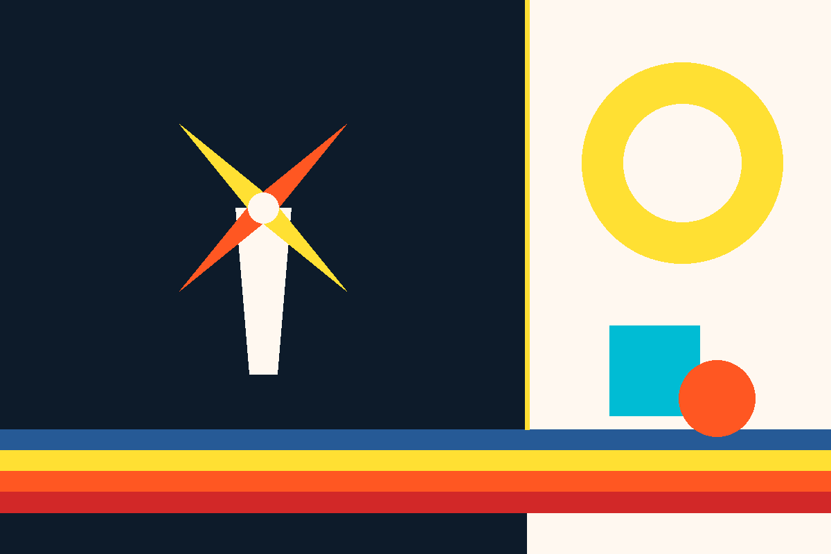 Swiss-style geometric illustration of a windmill, coffee cup and Dutch Bros stripe