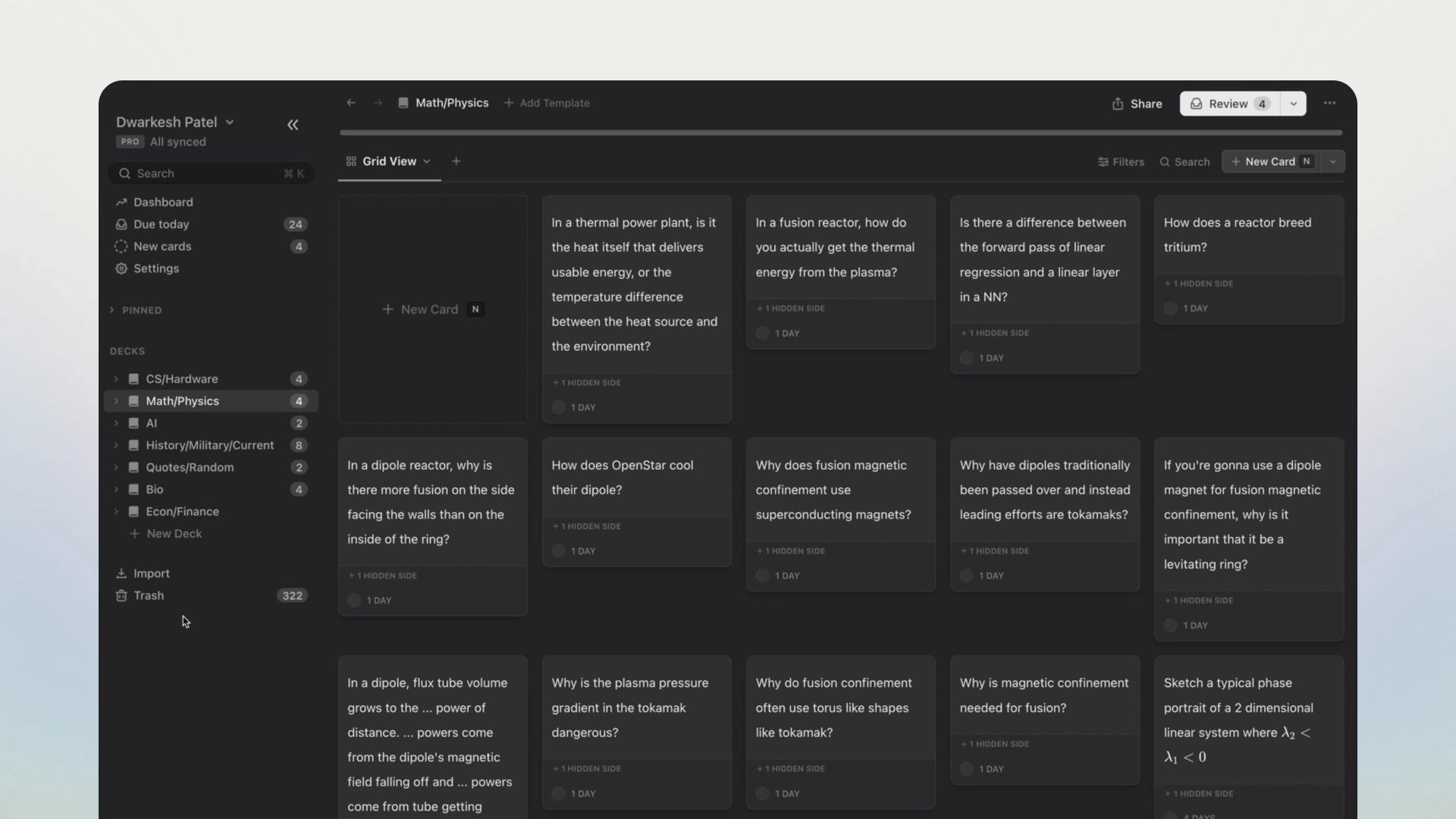 A screenshot of Patel’s technical flashcards in Mochi