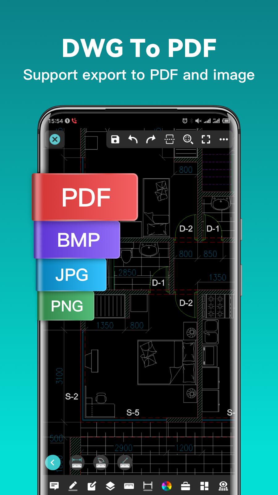 DWG FastView mobile floor-plan interface with PDF, BMP, JPG and PNG export labels