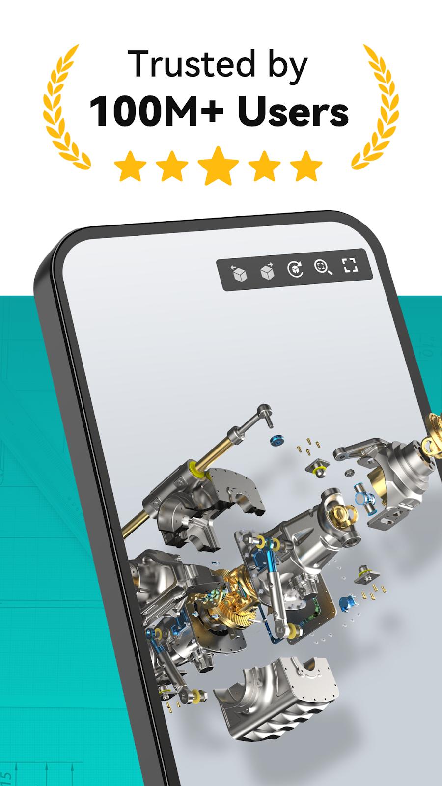 Official DWG FastView promotional image showing an exploded mechanical assembly on a phone