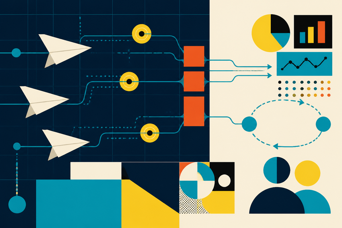 Abstract Swiss-style illustration of software flows passing through measurement gates into charts and feedback loops