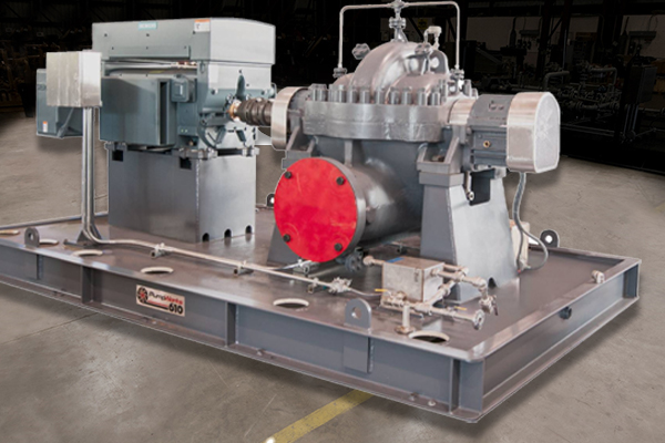 PumpWorks pump and motor mounted together on a steel skid in a workshop