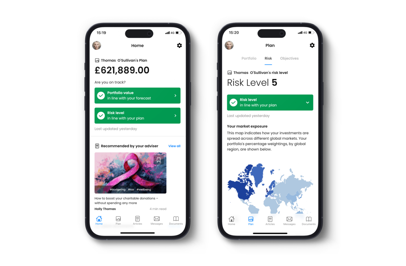 Tram app demonstration showing a sample portfolio value and a risk-level screen on two phones