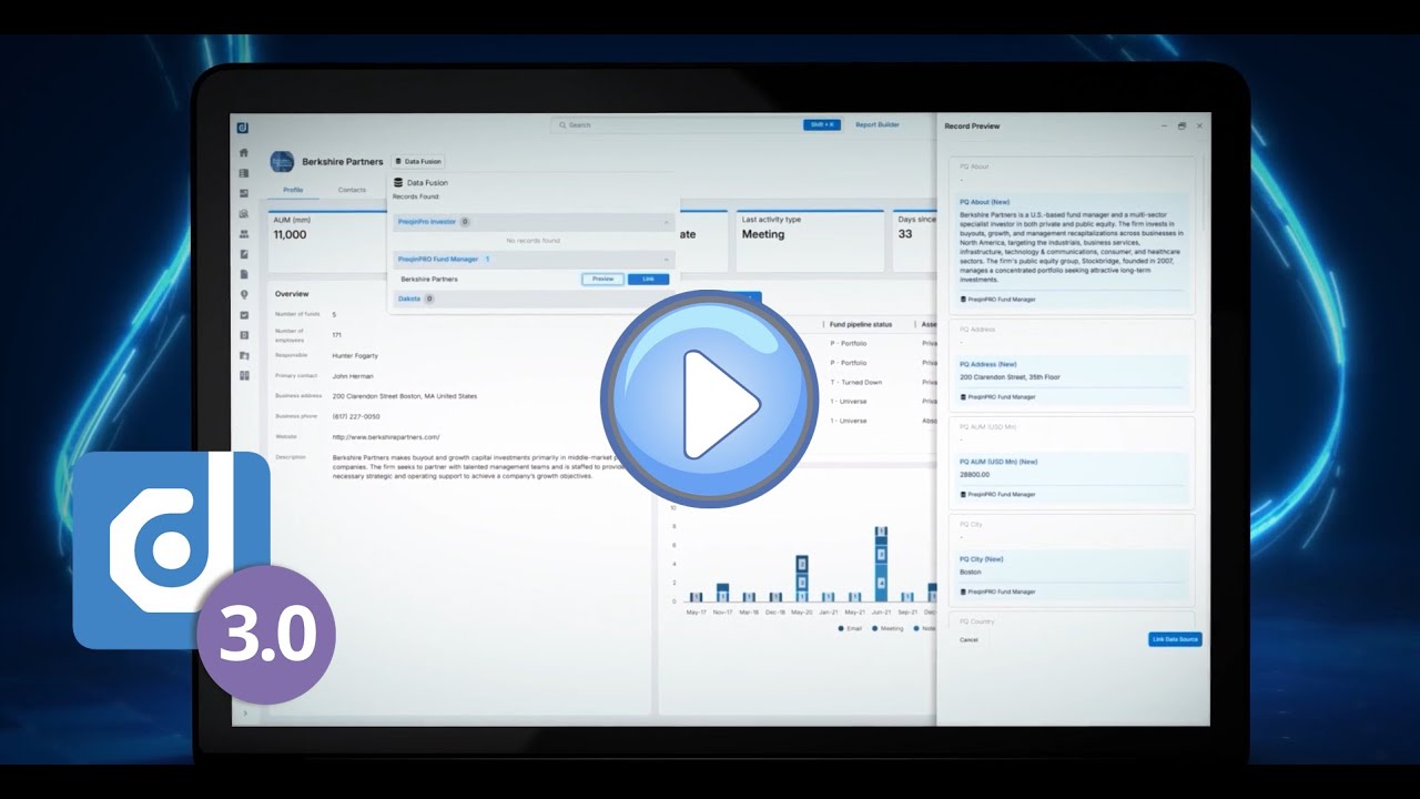 Dynamo v3.0 interface showing investment records, charts, and a data preview panel