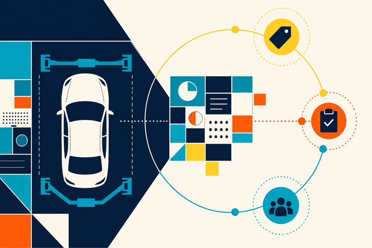 Abstract Swiss-style illustration of a car service bay connected to geometric data signals