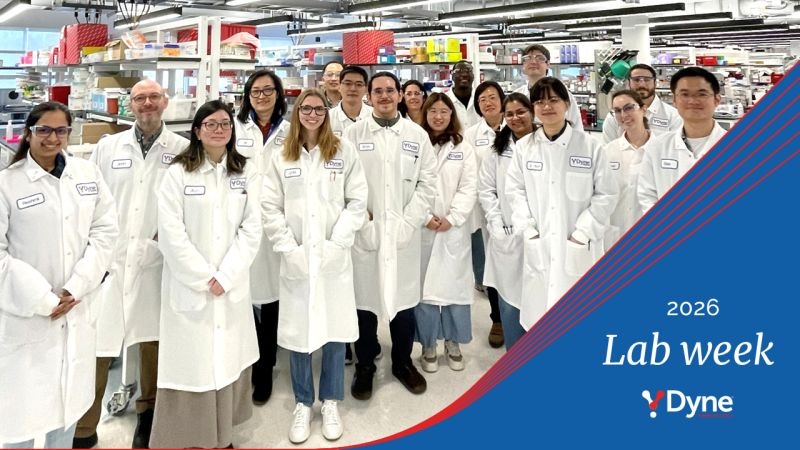 Dyne laboratory team in white coats in a company-posted 2026 Lab Week photograph