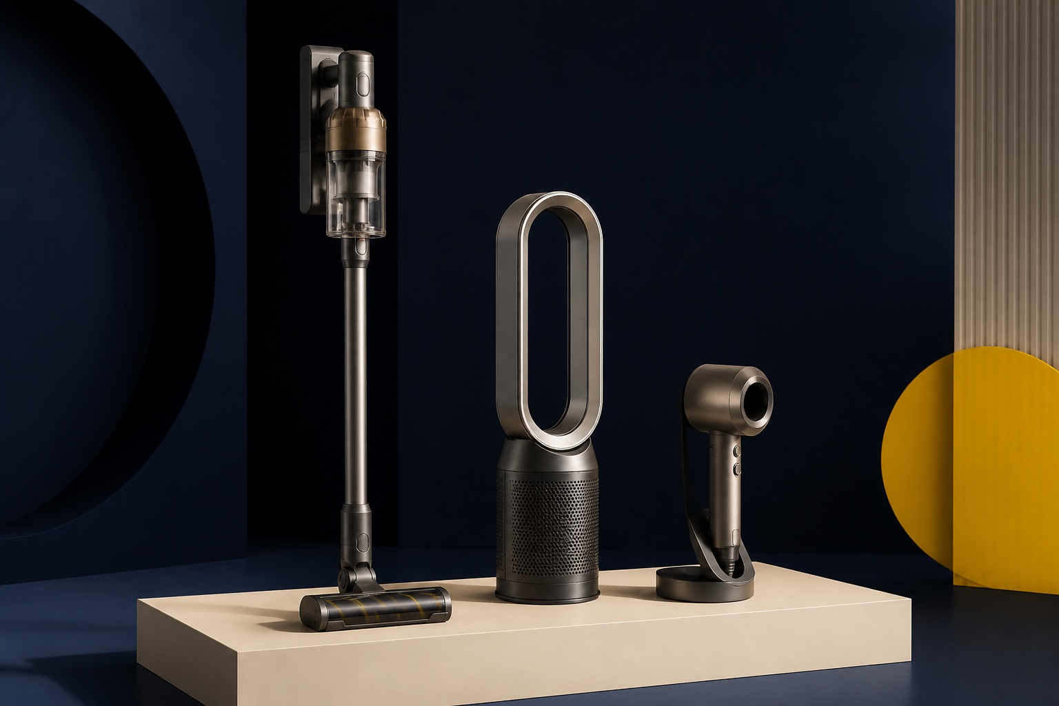 Editorial still life of a cordless vacuum, loop fan and hair dryer on a cream pedestal