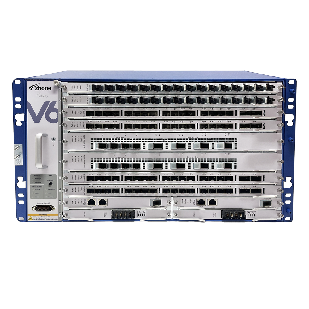 Velocity V6 optical line terminal chassis, shown in current Zhone branding