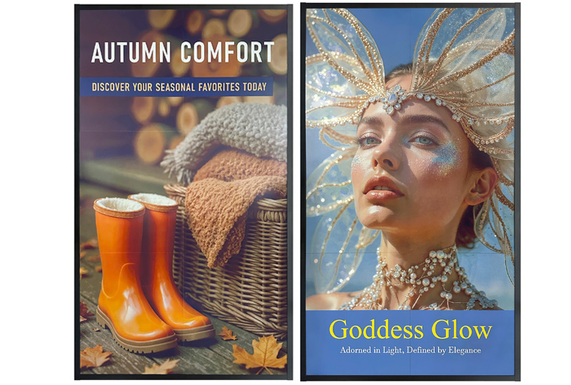 Two full-color E Ink signage examples showing an autumn retail advertisement and an ornate fashion portrait