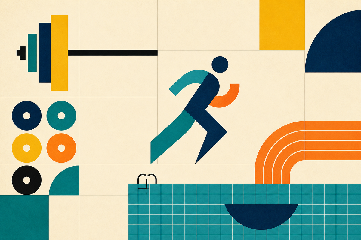 Abstract Swiss-style composition of a runner, barbell, weight plates, pool tiles and track lanes