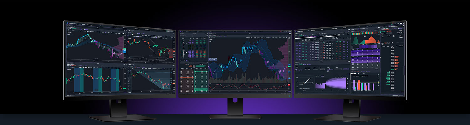 Official Power E*TRADE Pro product image showing charts and options tools across three monitors