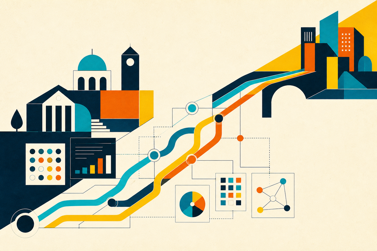 Abstract Swiss-style illustration of campus data pathways connecting education to work
