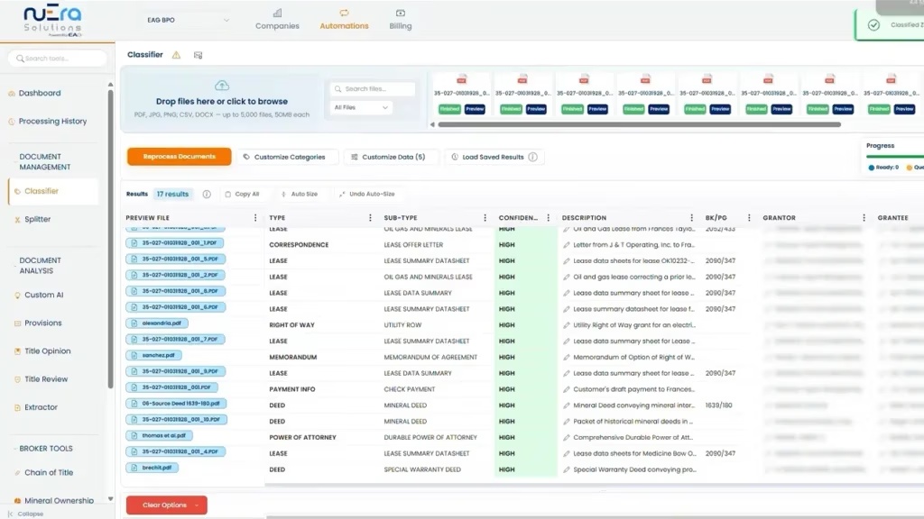 nuEra AI Land Studio interface classifying uploaded documents with confidence scores