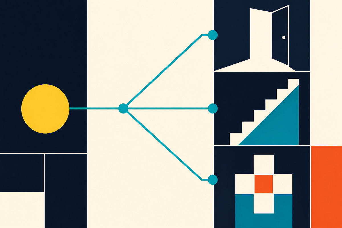 Abstract geometric illustration showing capital branching toward an open door, stairs, and healthcare