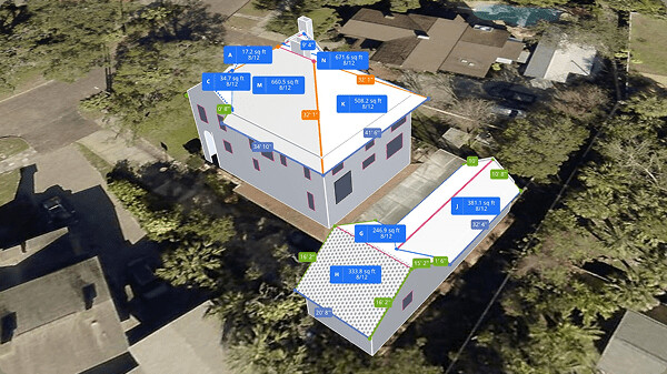 Eagleview One interactive 3D property model with roof and wall measurements over aerial imagery