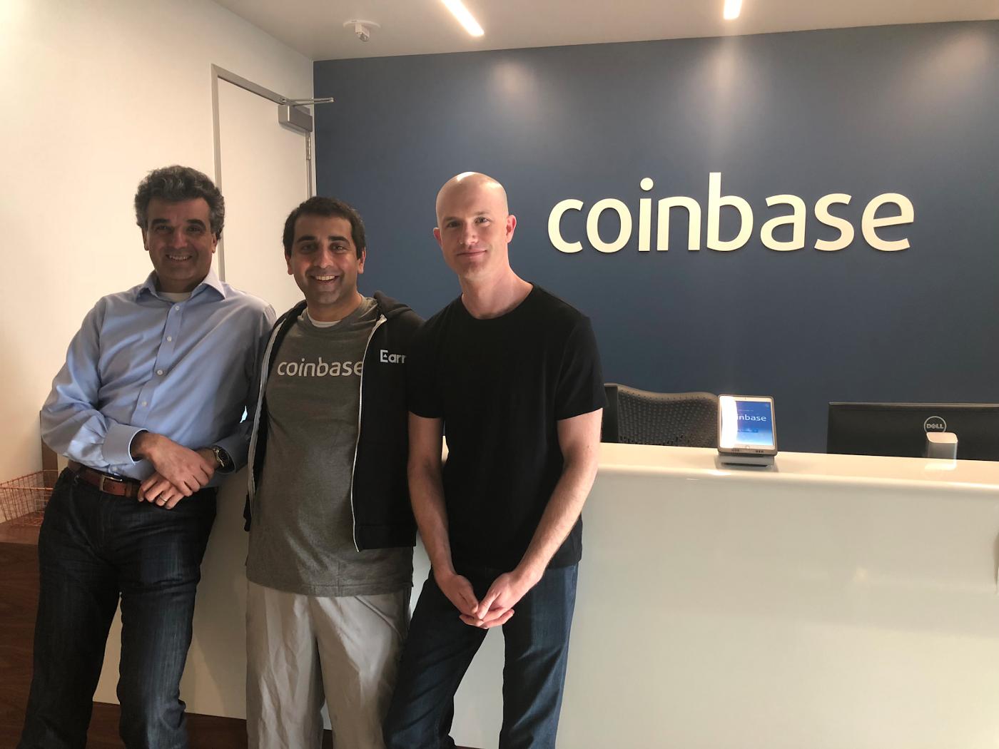 Asiff Hirji, Balaji Srinivasan and Brian Armstrong at Coinbase during the Earn.com acquisition announcement