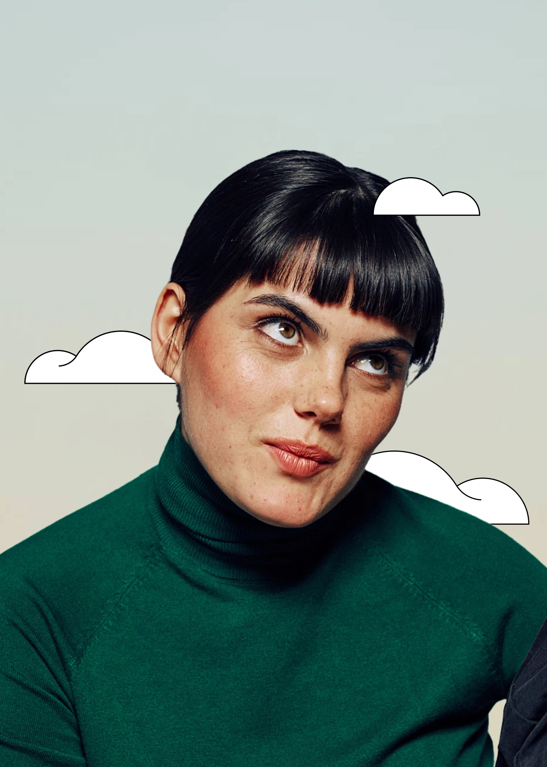 Earnest brand photograph combining a portrait in a green sweater with illustrated clouds