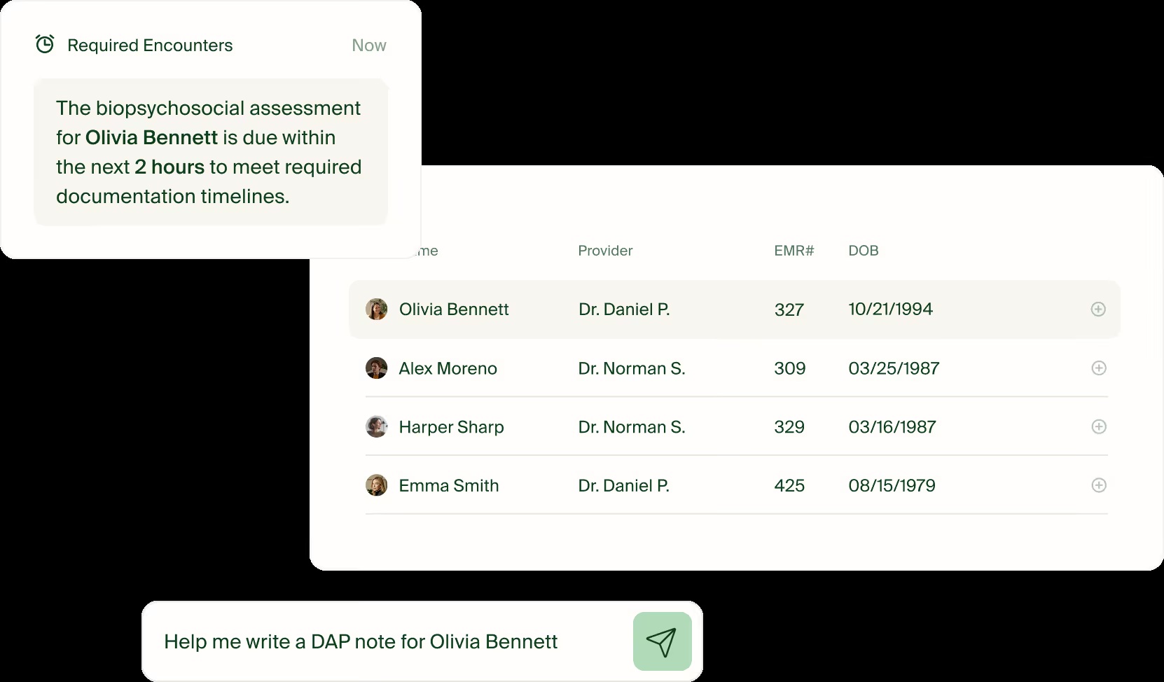 Ease’s official EHR product visual showing a documentation deadline, patient list, and AI note prompt