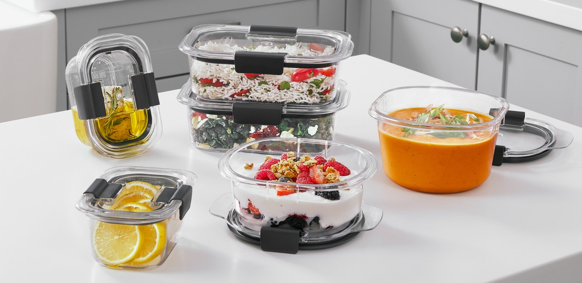 Clear Rubbermaid Brilliance food storage containers holding several different foods