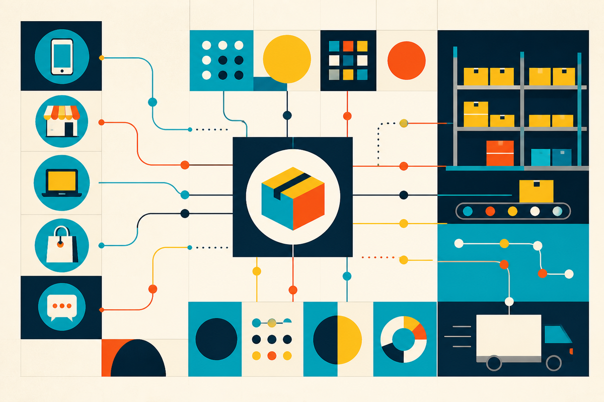 Abstract Swiss-style illustration of sales channels converging on a parcel and warehouse network