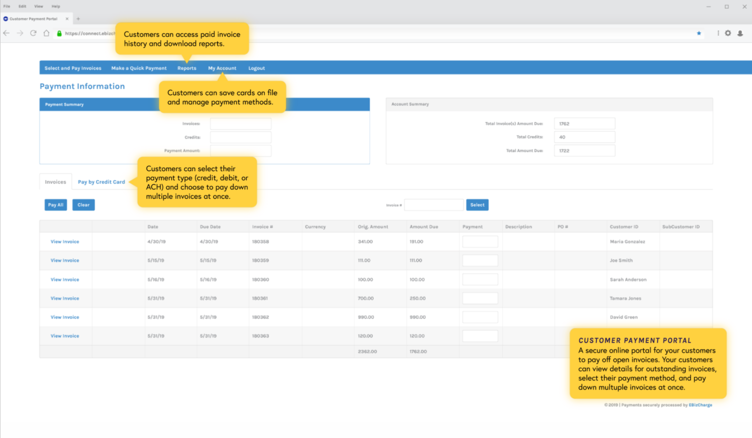 EBizCharge customer payment portal interface published in Acumatica’s marketplace
