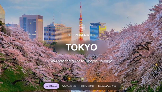 ECA Assign product-page preview of a Tokyo destination guide, with sections for settling in and exploring the city
