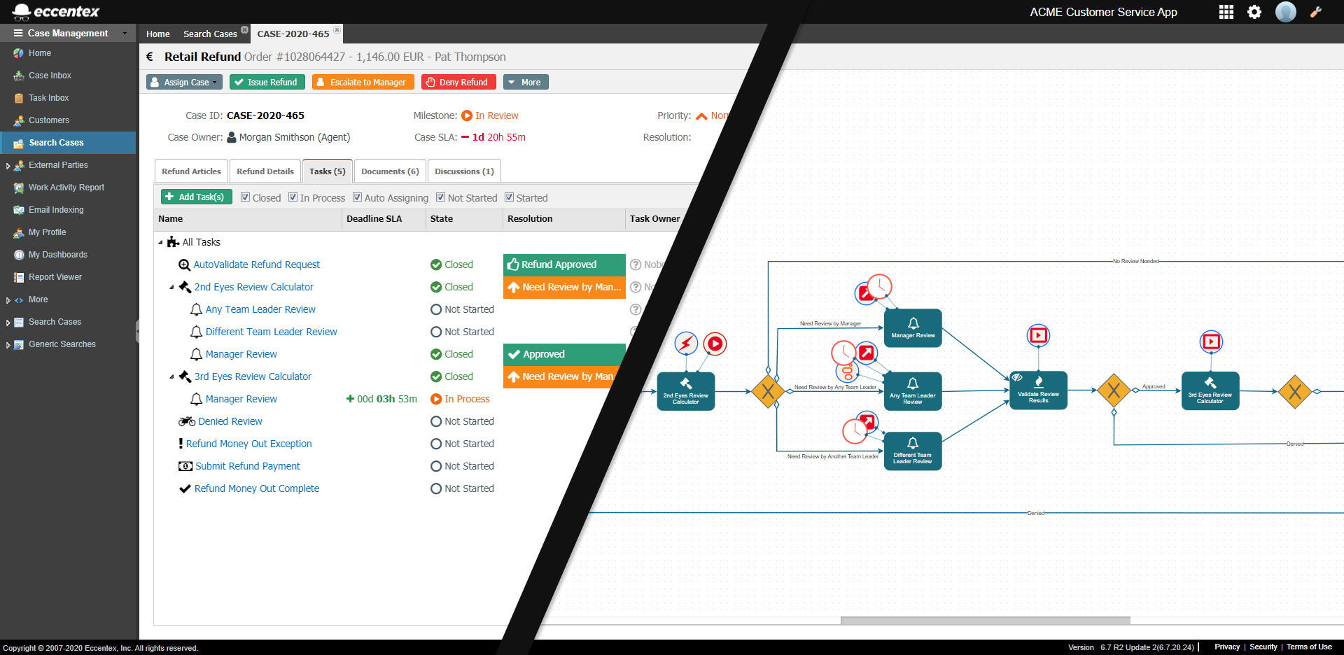 Eccentex AppBase interface showing a retail refund case and its sequence of review tasks