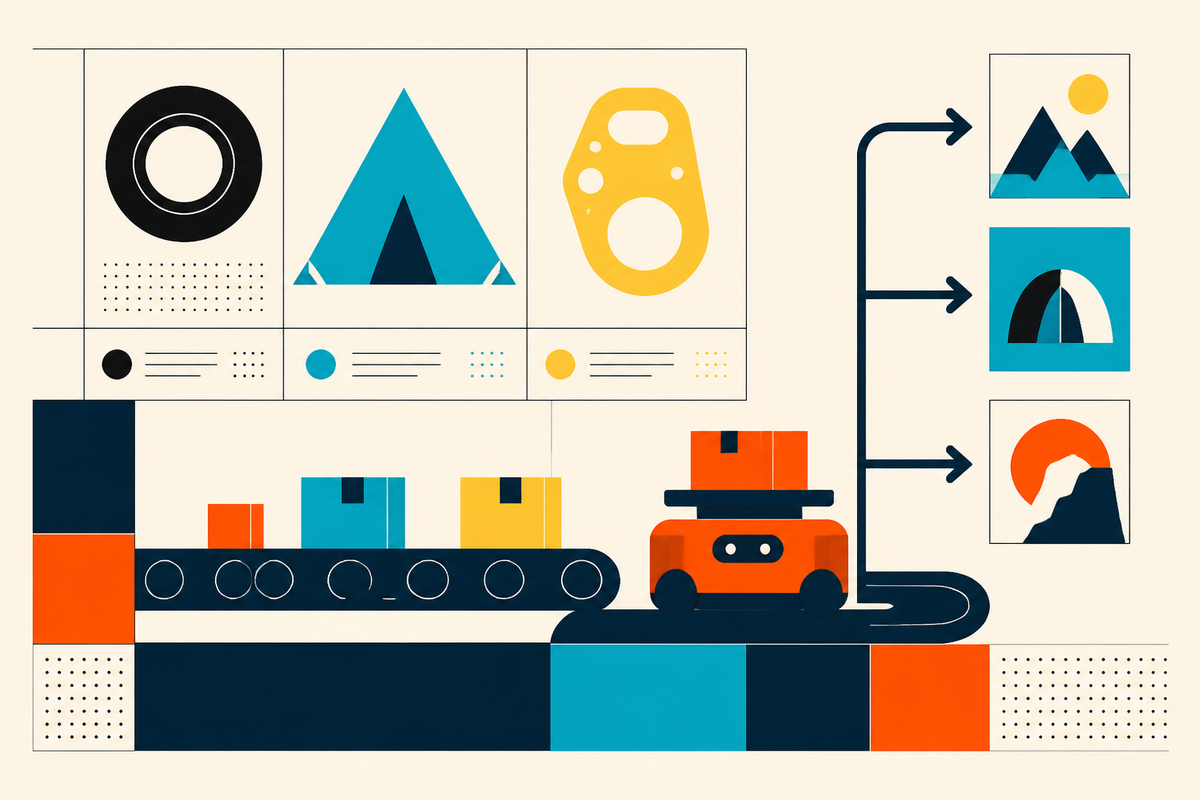 Abstract Swiss-style illustration of catalog objects flowing through a conveyor and warehouse robot into several specialist destinations