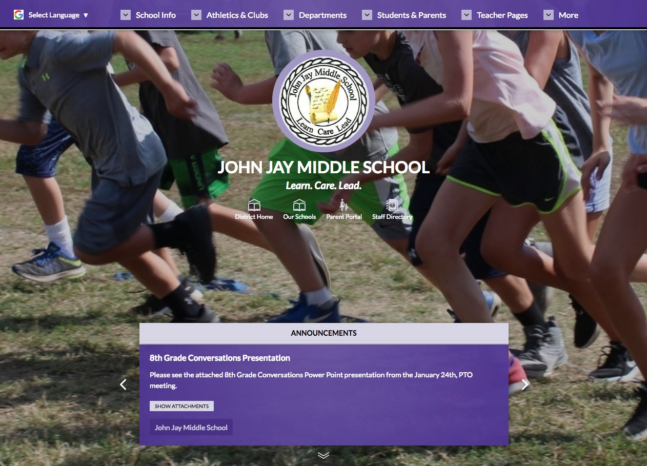 John Jay Middle School website showing shared district links, a photo carousel, announcements, and upcoming events