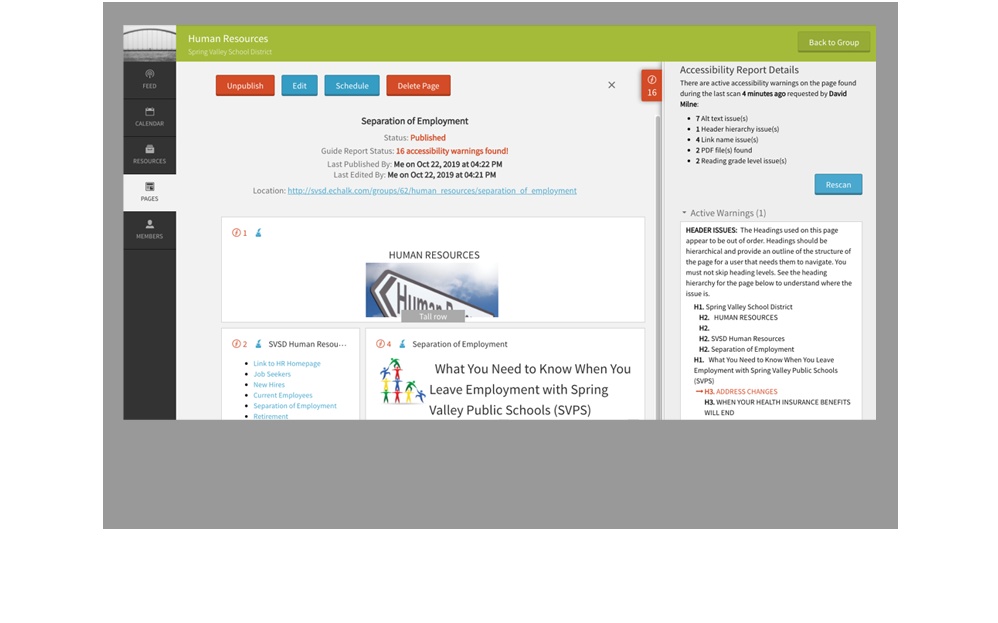 eChalk GUIDE editor with an accessibility report beside a human resources page
