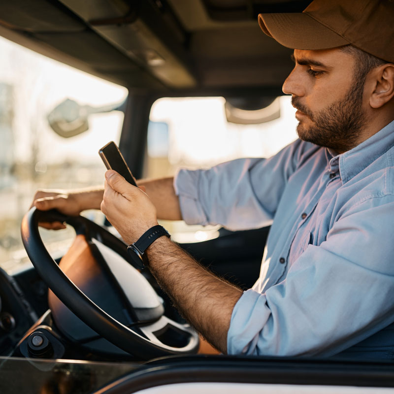 Echo carrier technology marketing photograph showing a driver using a phone in a truck cab