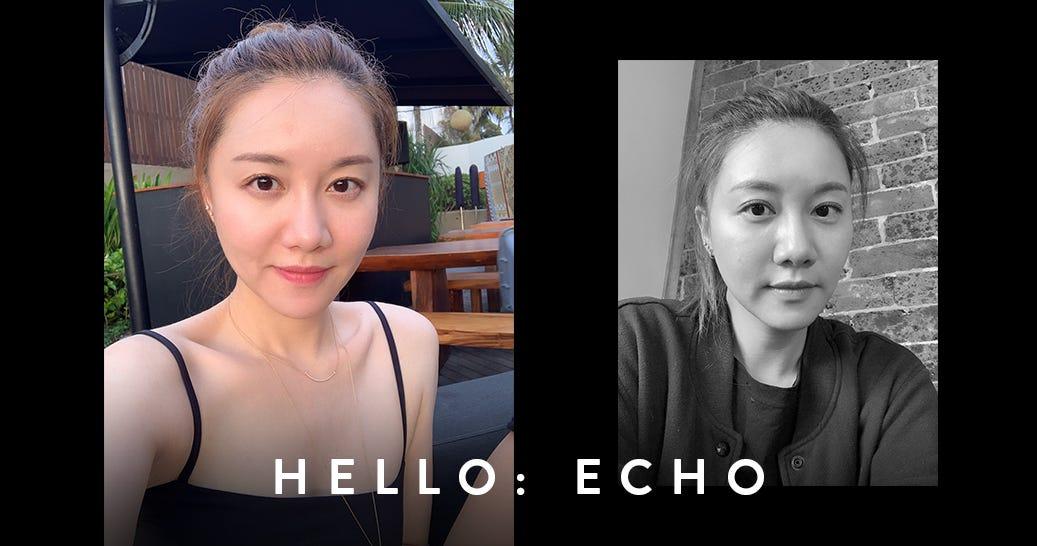 Two casual photographs of Echo Liu in a Hello Molly interview diptych