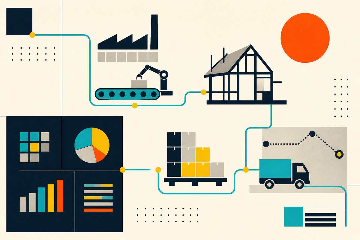 Abstract Swiss-style illustration connecting manufacturing, construction, inventory, analytics and delivery