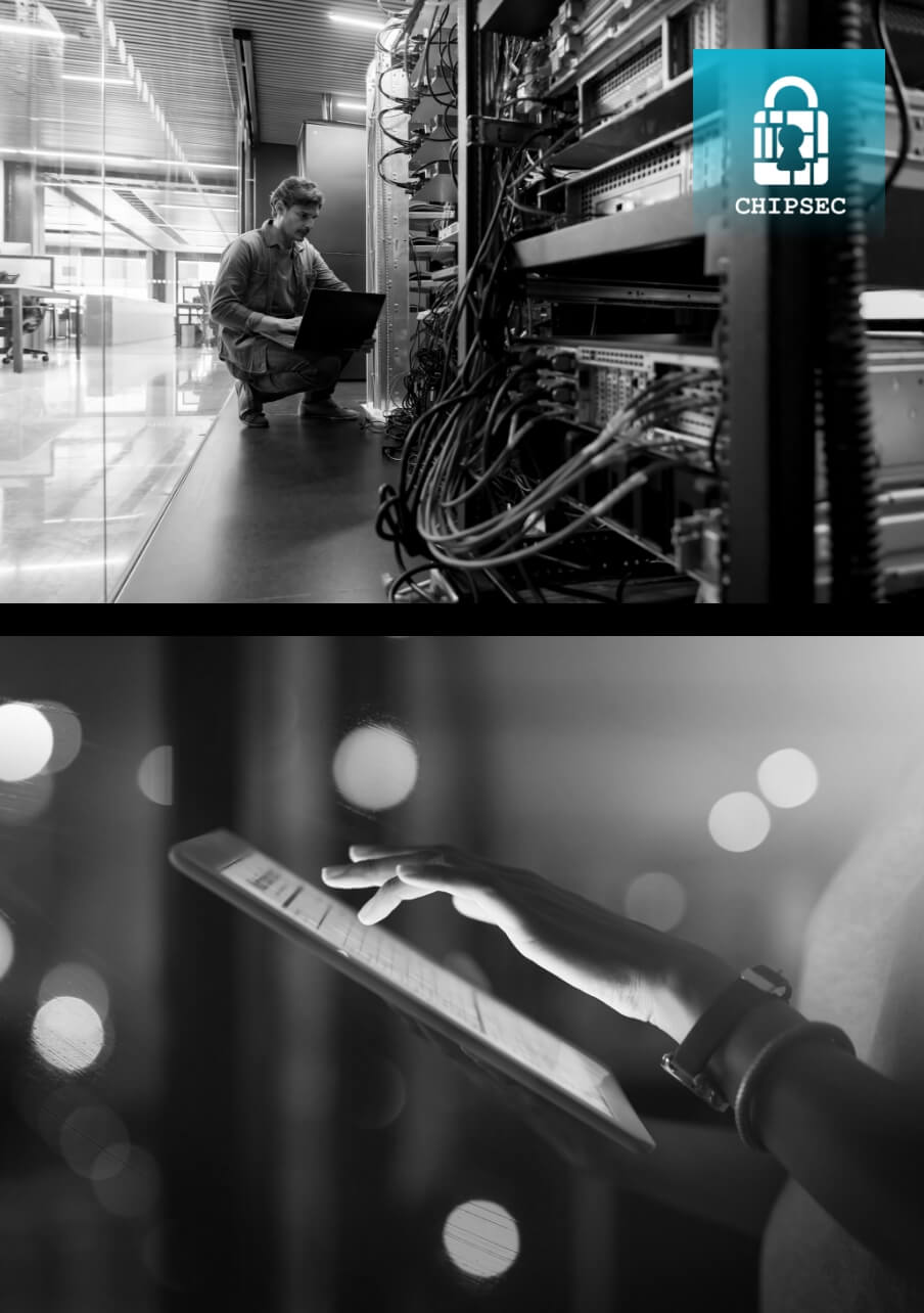 A researcher working beside a server rack, paired with a close-up of a person using a tablet