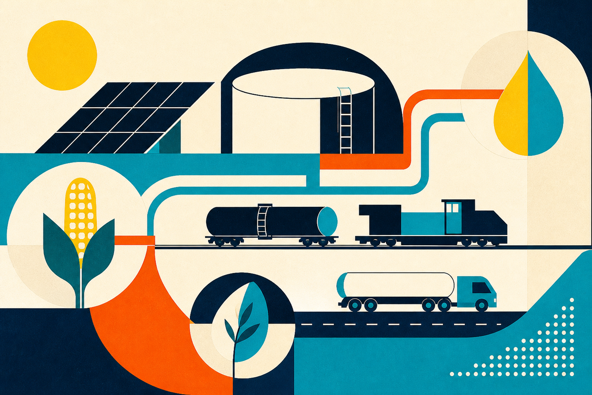 Abstract Swiss Style illustration of solar panels, storage tanks, railcars, trucks, corn and renewable fuel flows