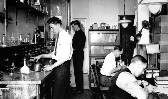 Four Economics Laboratory researchers working at laboratory benches in Saint Paul in 1938