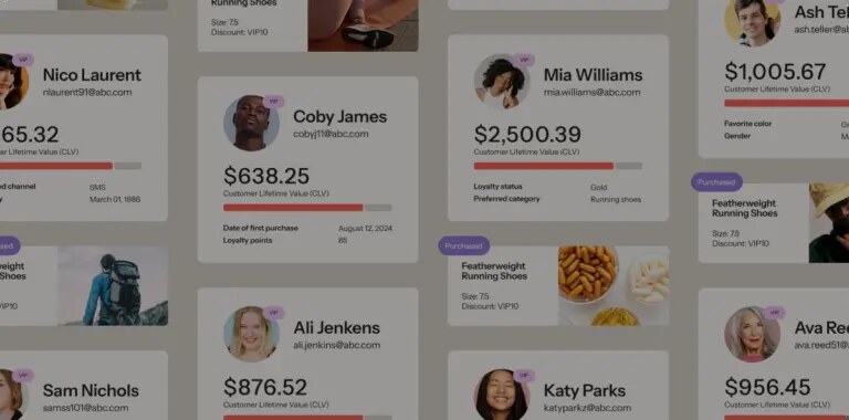 A collage of customer profile cards showing purchases, preferences and customer lifetime value