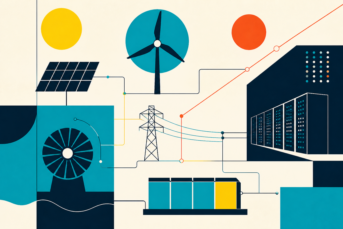 Abstract Swiss-style illustration linking solar, wind, a turbine, transmission, battery storage and a data center