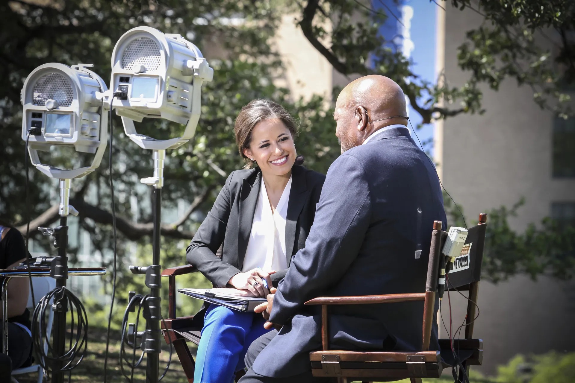 An outdoor media interview produced by ECPR Texas