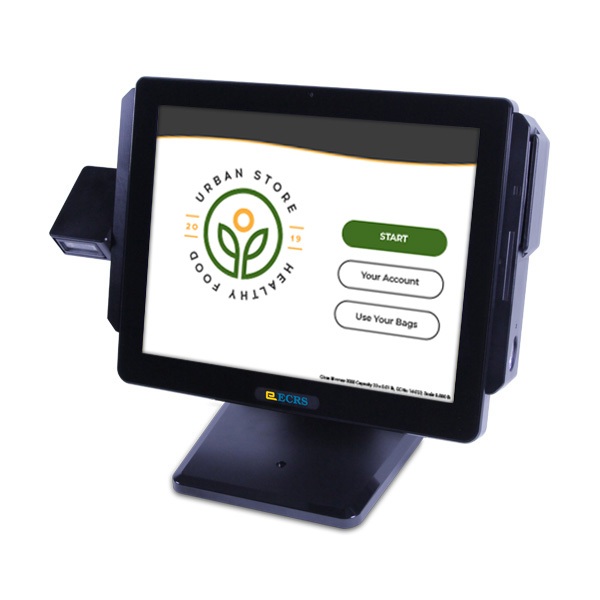 Express Market self-checkout kiosk with touchscreen and payment terminal