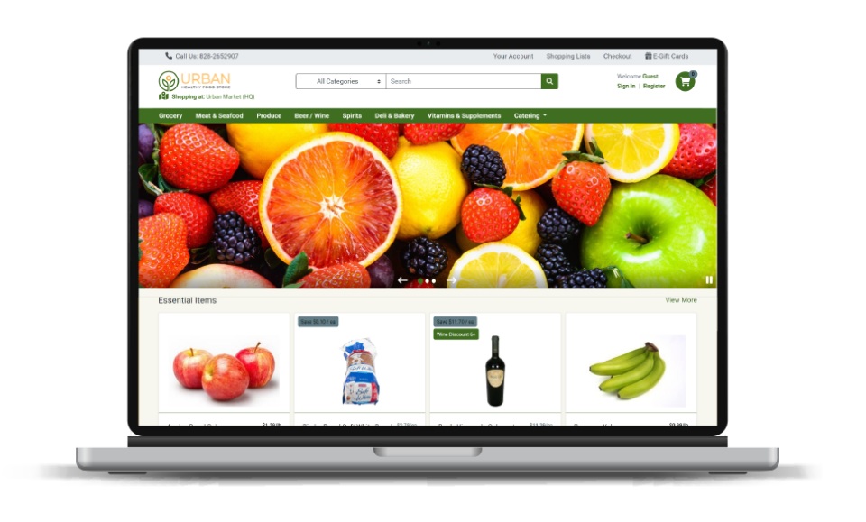 CATAPULT WebCart online grocery storefront displayed on a laptop