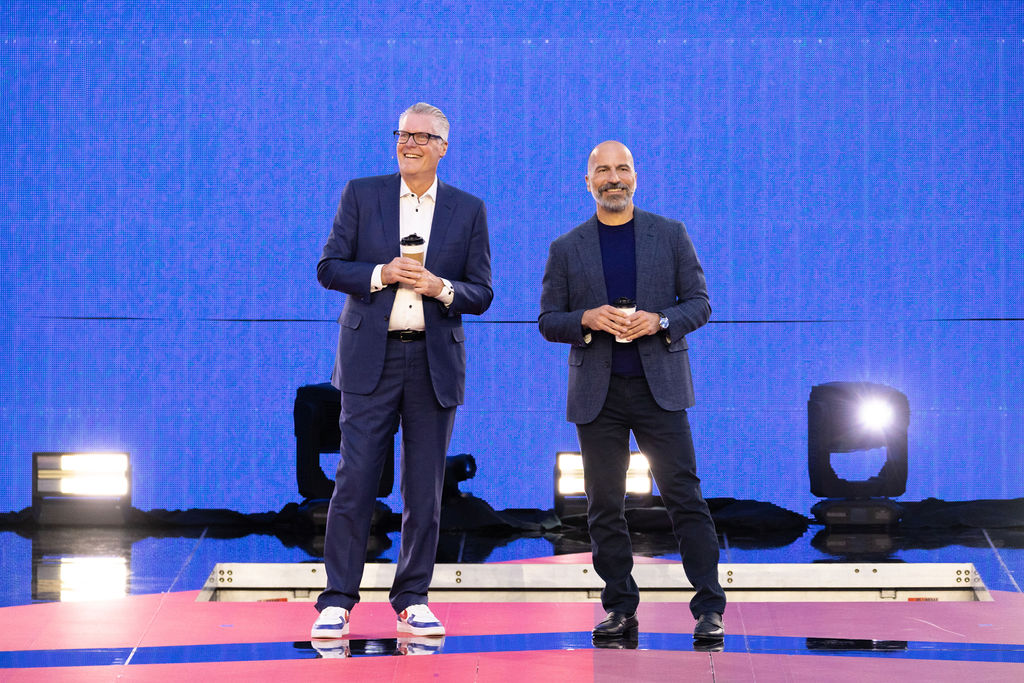 Ed Bastian and Uber CEO Dara Khosrowshahi on stage during Delta’s CES 2025 keynote