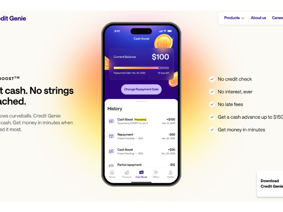 Historical Credit Genie website design showing its purple Cash Boost app interface