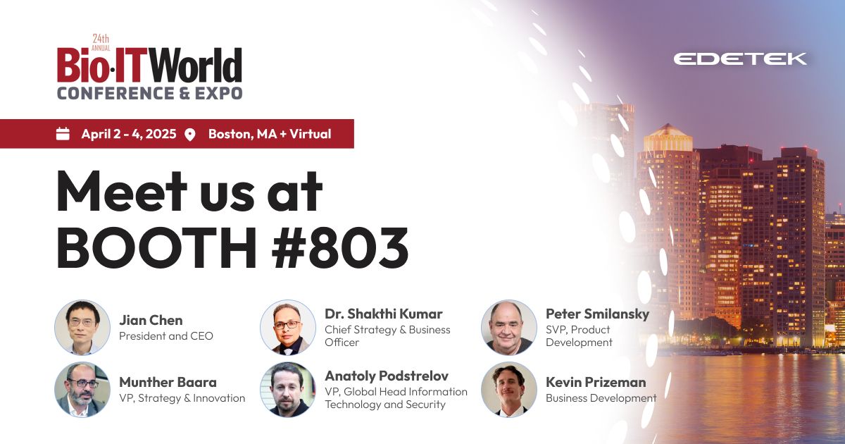 EDETEK’s Bio-IT World 2025 event graphic with portraits of Jian Chen and five clinical technology leaders
