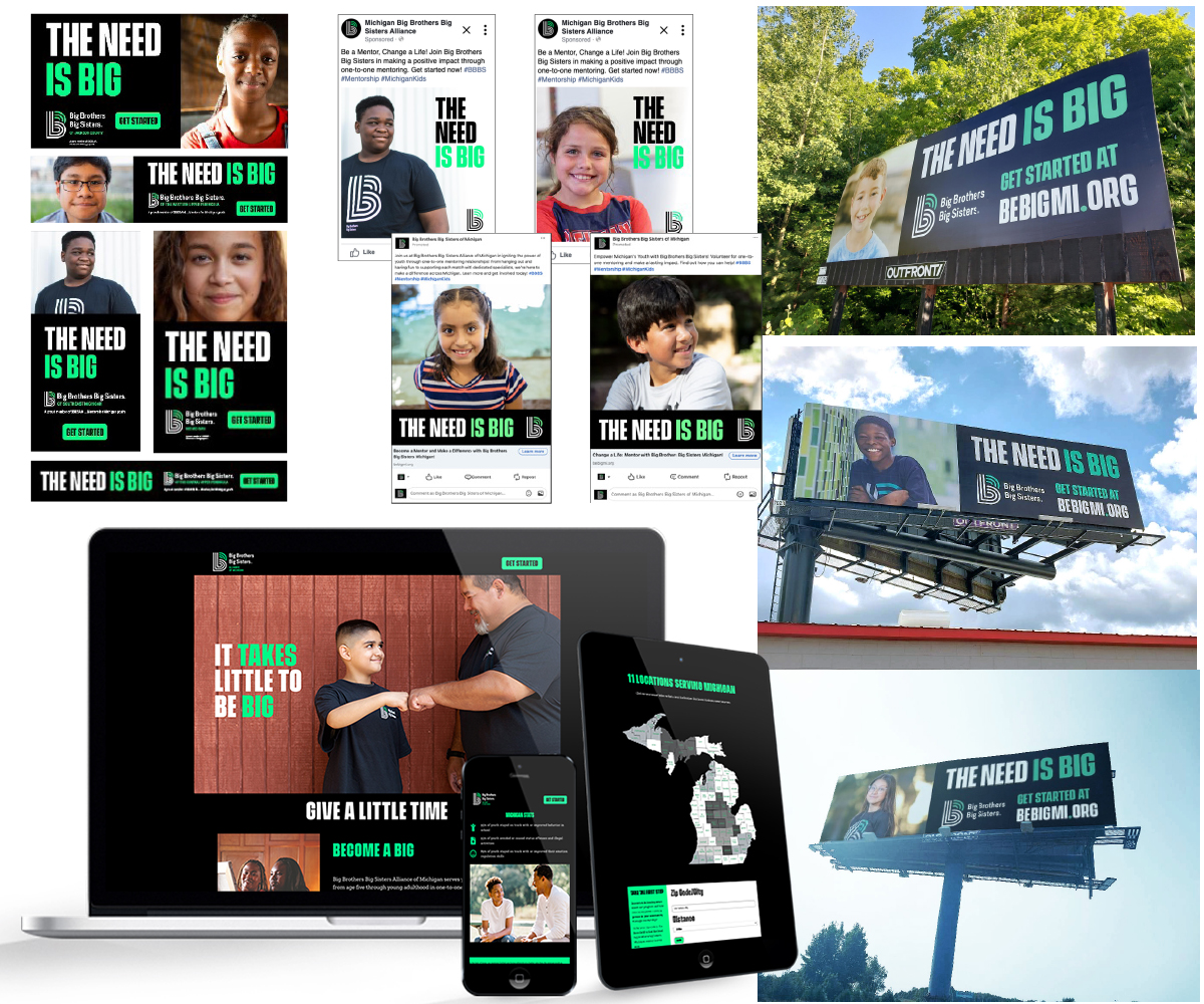 A collage of The Need Is Big campaign across digital ads, billboards and a website