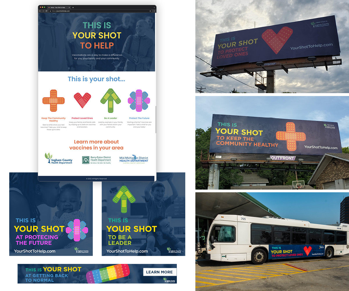 Your Shot vaccination campaign shown on a website, billboards, display ads and a city bus